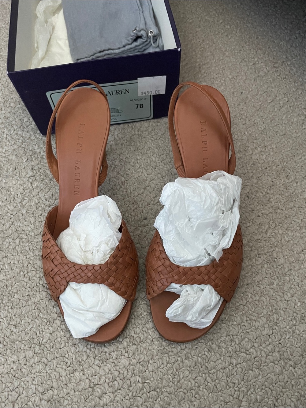 Ralph Lauren Woven Leather Slingback Sandals in Cognac - Picture 7 of 8